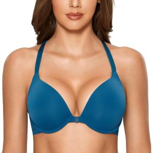 DOBREVA Women’s Push Up Bra Racerback Front Closure Bras Plunge Underwire Tshirt Padded Lace(Shadow Blue)
