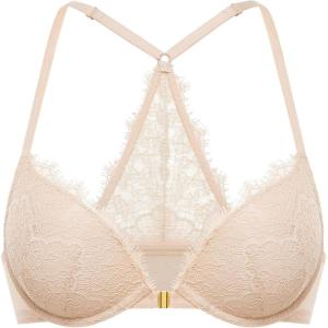 DOBREVA Women’s Push Up Racerback Bra Front Closure Lace Halter Plunge Bras Padded Full Coverage Underwire(Beige)