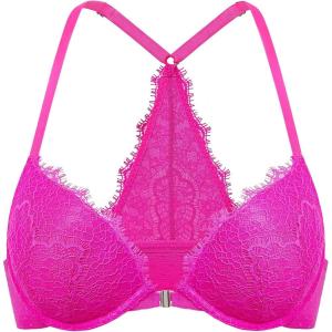 DOBREVA Women’s Push Up Racerback Bra Front Closure Lace Halter Plunge Bras Padded Full Coverage Underwire(Bright Fuchsia)