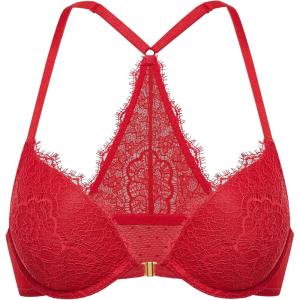 DOBREVA Women’s Push Up Racerback Bra Front Closure Lace Halter Plunge Bras Padded Full Coverage Underwire(Lipstick Red)