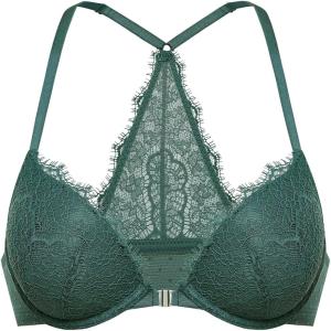 DOBREVA Women’s Push Up Racerback Bra Front Closure Lace Halter Plunge Bras Padded Full Coverage Underwire(Midnight Emerald)
