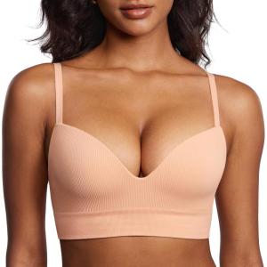 DOBREVA Women’s Ribbed Wireless Push Up Bra No Underwire Supportive Padded Longline Bralette(Grapefruit Orange – Ribbed)