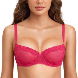 DOBREVA Women’s Sexy Lace Bra Underwire Balconette Unlined Demi Sheer See Through Plus Size(Bright Rose Dots)