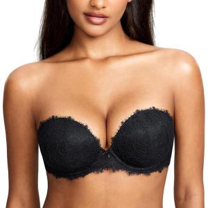 DOBREVA Women’s Strapless Push Up Bra Lace Plus Size Plunge Padded Underwire Bras Add 1 Cup(Black)
