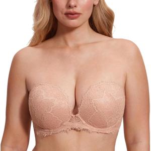 DOBREVA Women’s Strapless Push Up Bra Lace Plus Size Plunge Padded Underwire Bras Add 1 Cup(Blush Beige)
