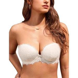 DOBREVA Women’s Strapless Push Up Bra Lace Plus Size Plunge Padded Underwire Bras Add 1 Cup(Coconut White)