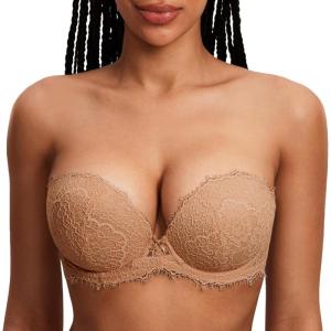 DOBREVA Women’s Strapless Push Up Bra Lace Plus Size Plunge Padded Underwire Bras Add 1 Cup(Gravel Beige)