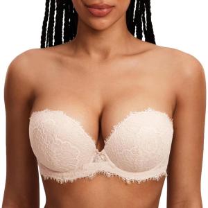 DOBREVA Women’s Strapless Push Up Bra Lace Plus Size Plunge Padded Underwire Bras Add 1 Cup(Rose White)