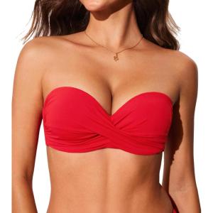 DOBREVA Women’s Underwire Bandeau Bikini Top Sexy Strapless Bathing Suit Tops Halter Swimwear – Bra Sizes(Deep Red)