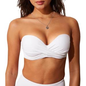 DOBREVA Women’s Underwire Bandeau Bikini Top Sexy Strapless Bathing Suit Tops Halter Swimwear – Bra Sizes(White)