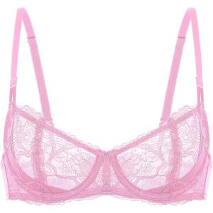 DOBREVA Women’s Unlined Balconette Bra Sexy Lace Sheer Underwire Large Breasts Demi Cup(Candy Pink)