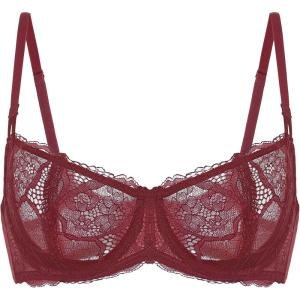 DOBREVA Women’s Unlined Balconette Bra Sexy Lace Sheer Underwire Large Breasts Demi Cup(Dark Red)
