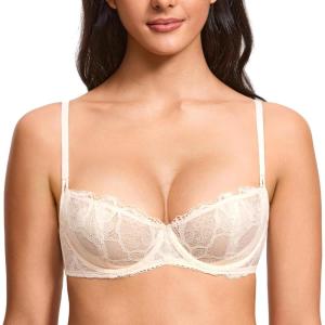 DOBREVA Women’s Unlined Balconette Bra Sexy Lace Sheer Underwire Large Breasts Demi Cup(Rose White)