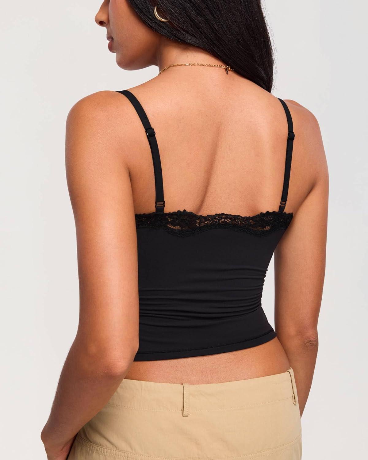 imageDOBREVA Womens Lace Camisole Tops Double Lined V Neck Cami Sleeveless Fitted Sexy Going Out Y2K Tank TopBlack