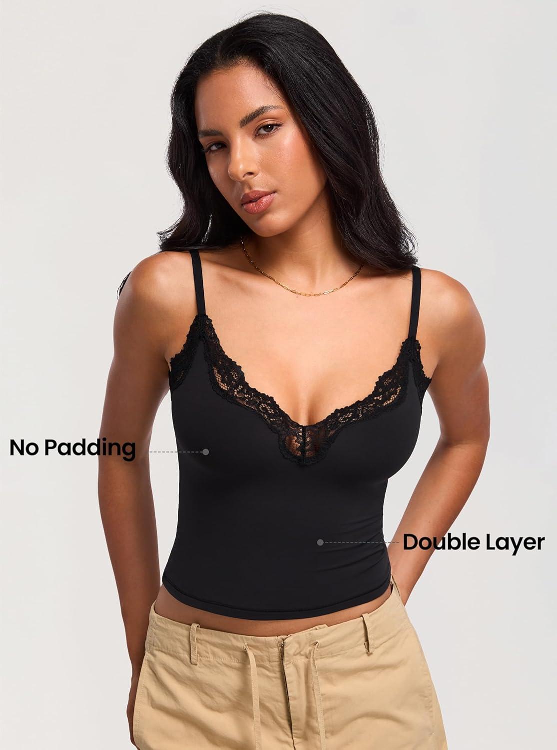 imageDOBREVA Womens Lace Camisole Tops Double Lined V Neck Cami Sleeveless Fitted Sexy Going Out Y2K Tank TopBlack