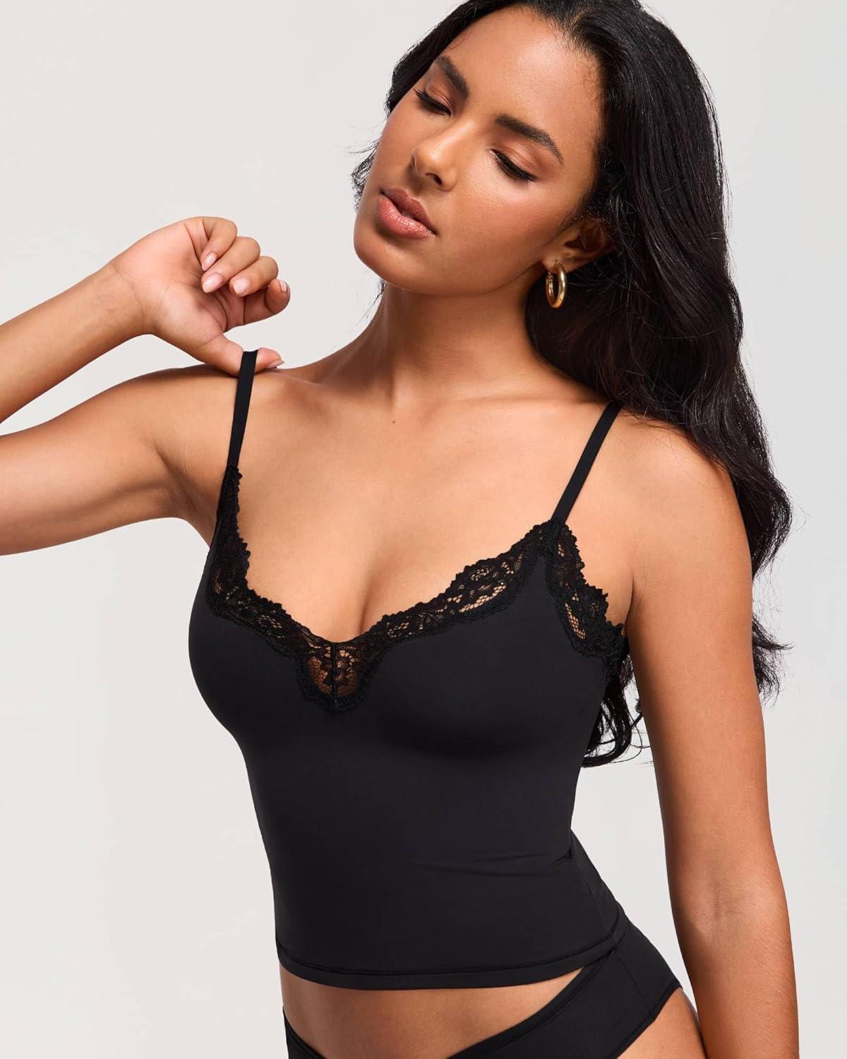 imageDOBREVA Womens Lace Camisole Tops Double Lined V Neck Cami Sleeveless Fitted Sexy Going Out Y2K Tank TopBlack