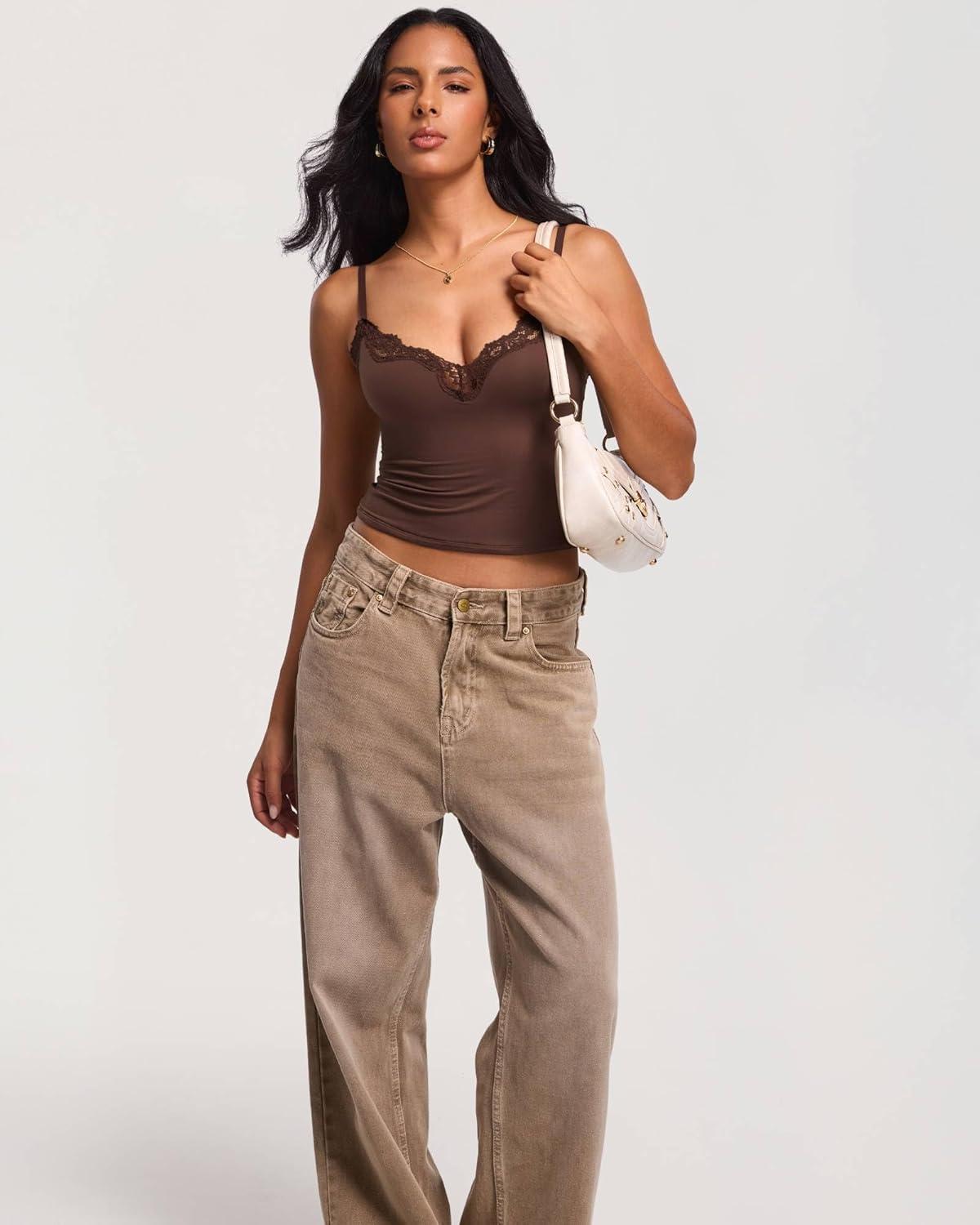 imageDOBREVA Womens Lace Camisole Tops Double Lined V Neck Cami Sleeveless Fitted Sexy Going Out Y2K Tank TopHazelnut