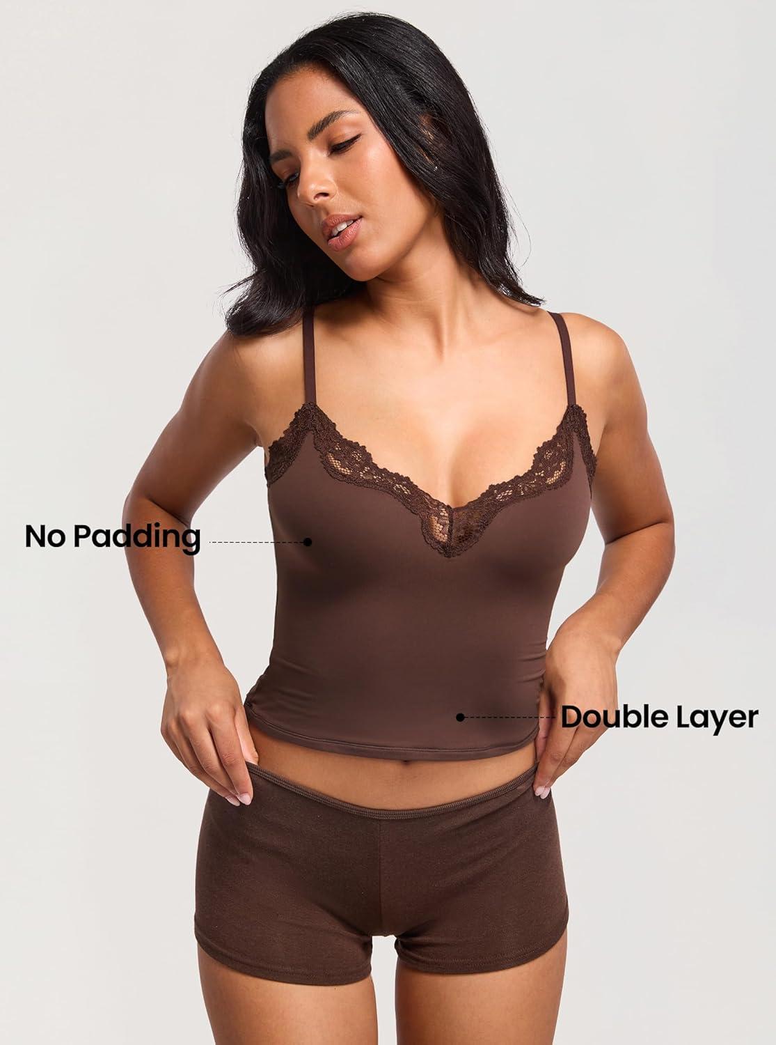 imageDOBREVA Womens Lace Camisole Tops Double Lined V Neck Cami Sleeveless Fitted Sexy Going Out Y2K Tank TopHazelnut