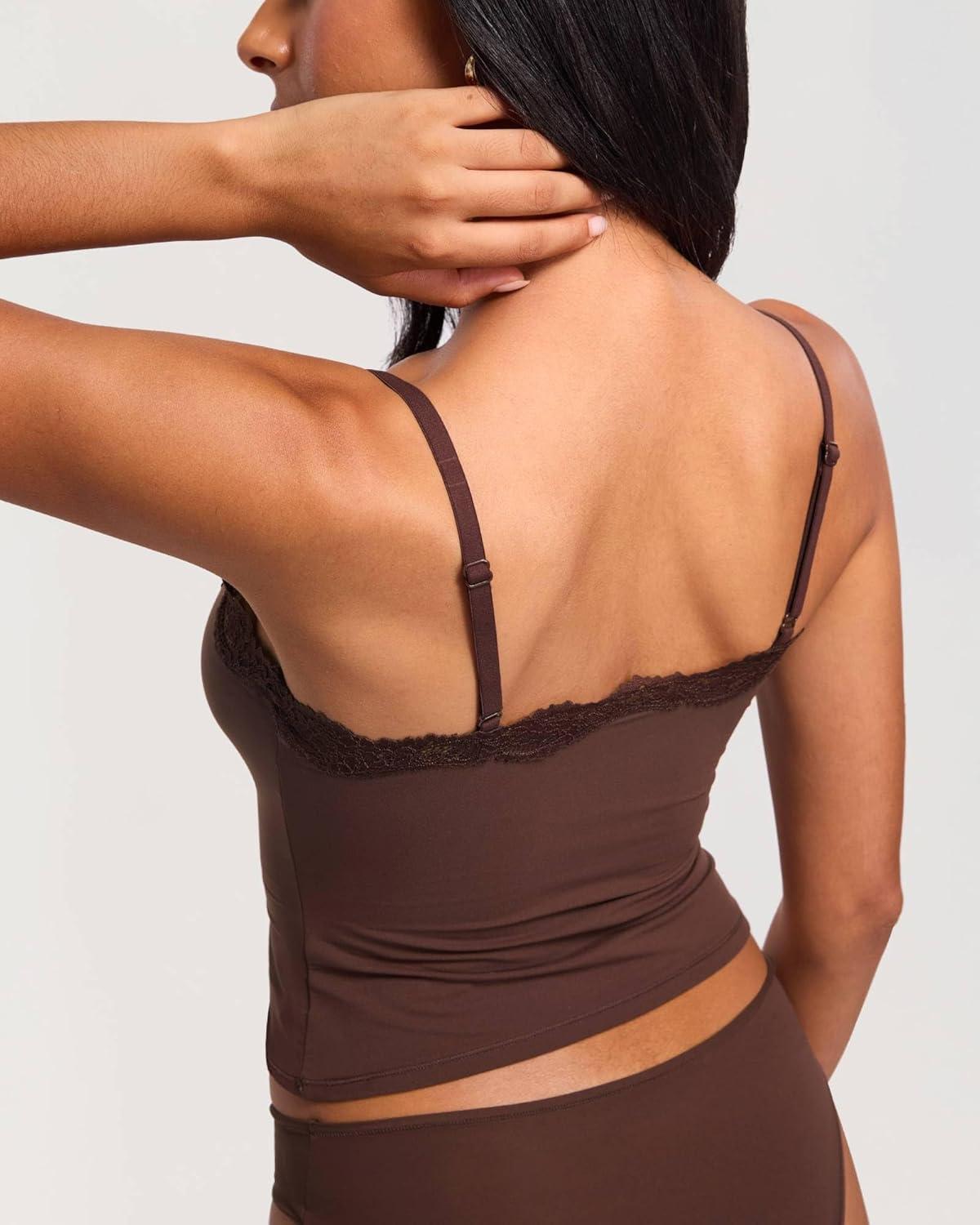 imageDOBREVA Womens Lace Camisole Tops Double Lined V Neck Cami Sleeveless Fitted Sexy Going Out Y2K Tank TopHazelnut