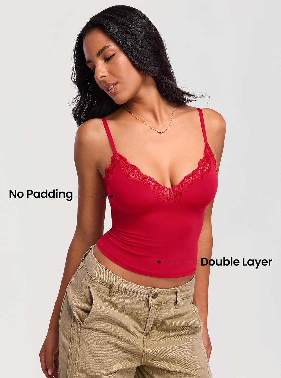 imageDOBREVA Womens Lace Camisole Tops Double Lined V Neck Cami Sleeveless Fitted Sexy Going Out Y2K Tank TopLipstick Red
