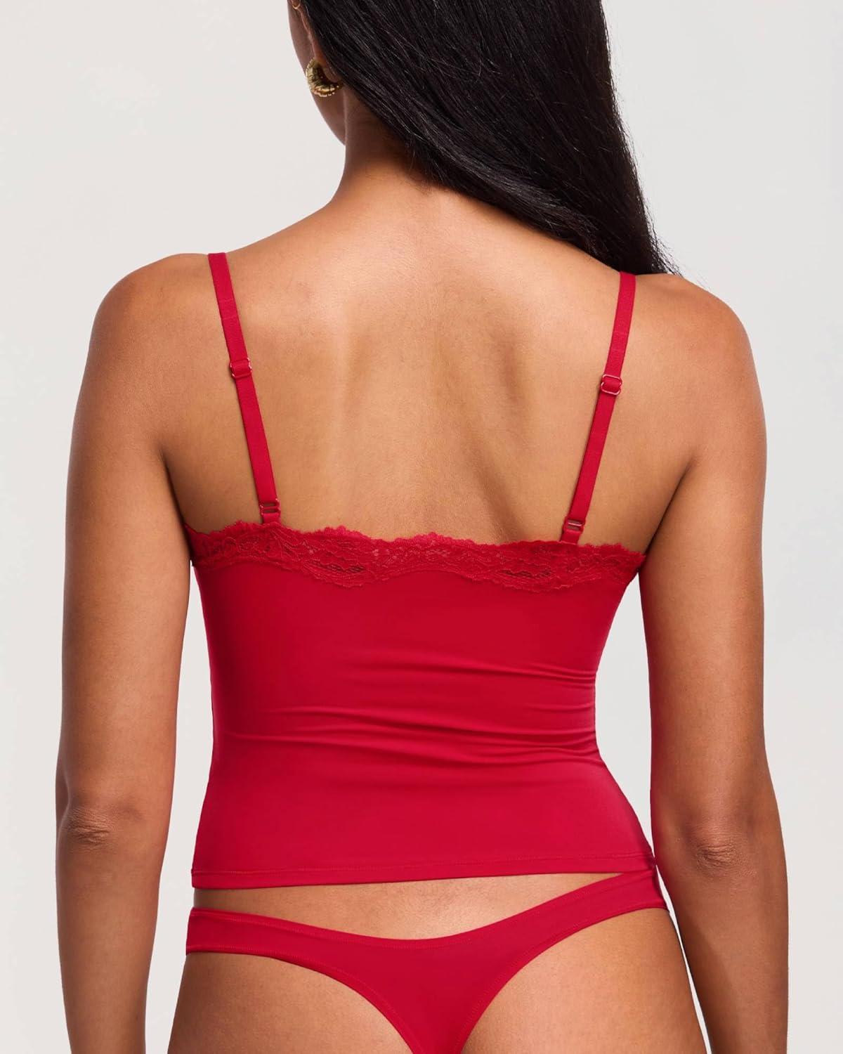 imageDOBREVA Womens Lace Camisole Tops Double Lined V Neck Cami Sleeveless Fitted Sexy Going Out Y2K Tank TopLipstick Red