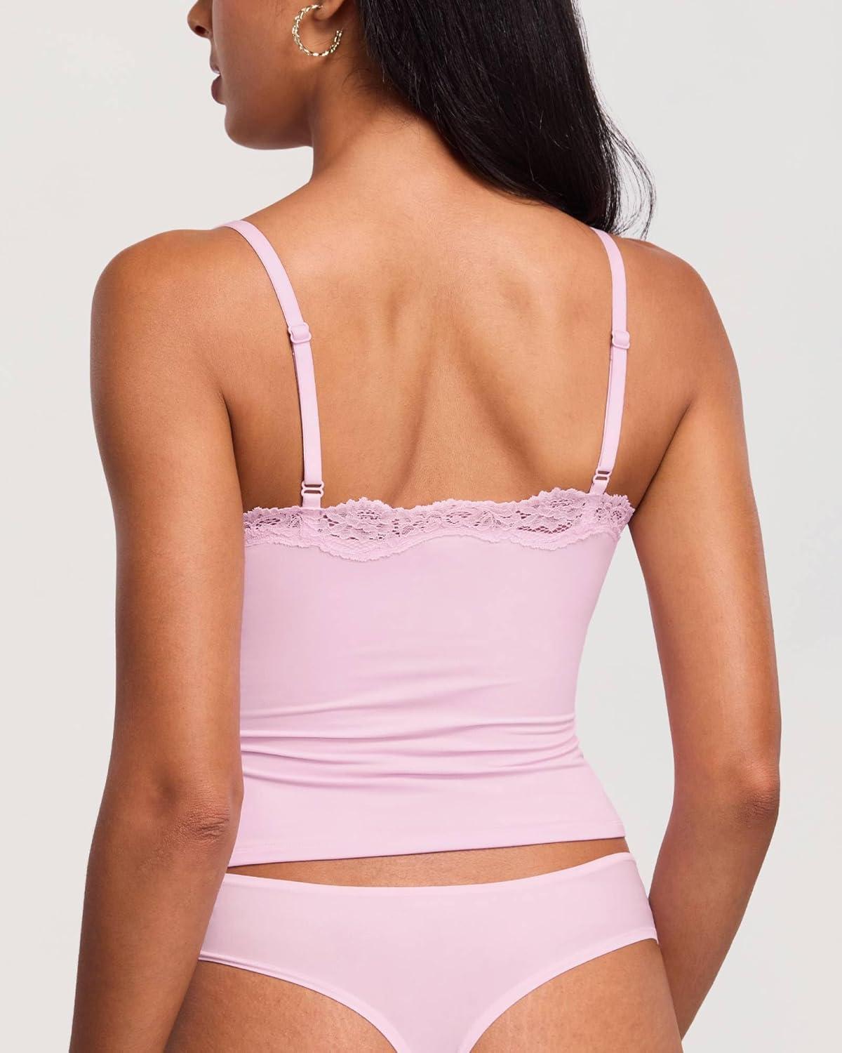 imageDOBREVA Womens Lace Camisole Tops Double Lined V Neck Cami Sleeveless Fitted Sexy Going Out Y2K Tank TopSweet Pink
