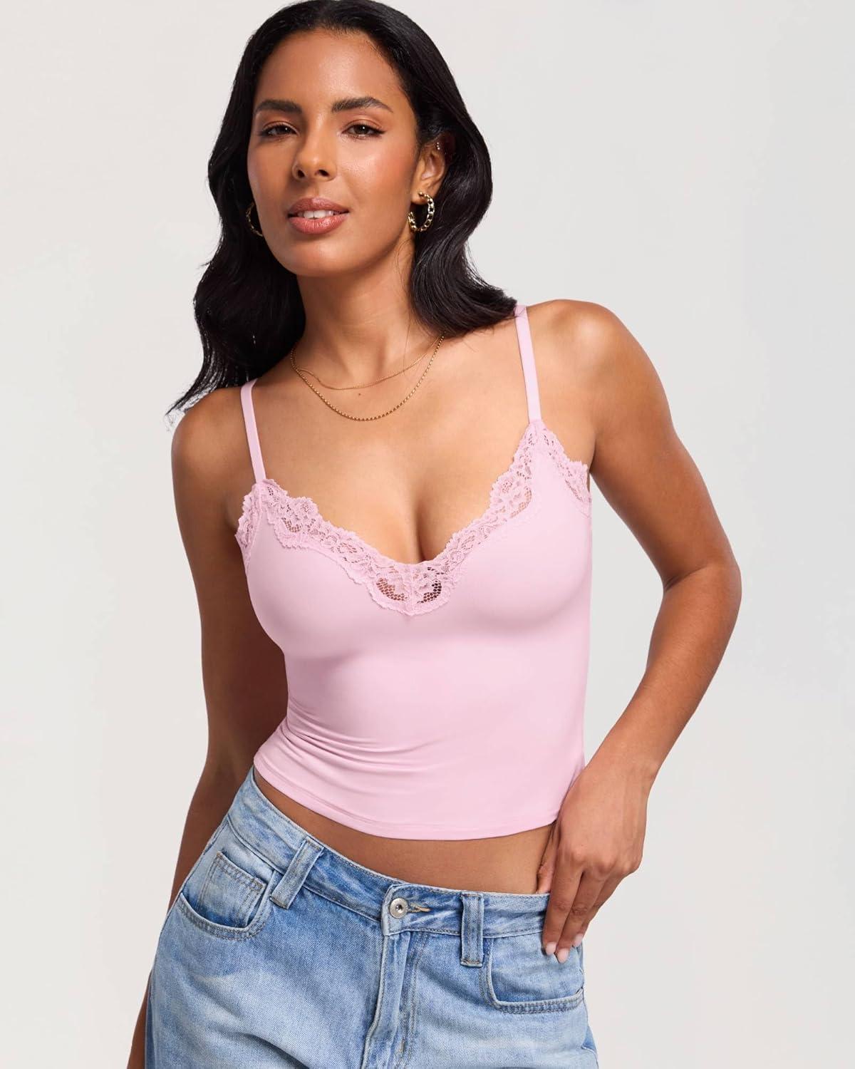 imageDOBREVA Womens Lace Camisole Tops Double Lined V Neck Cami Sleeveless Fitted Sexy Going Out Y2K Tank TopSweet Pink