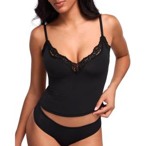 DOBREVA Women’s Lace Camisole Tops Double Lined V Neck Cami Sleeveless Fitted Sexy Going Out Y2K Tank Top(Black)