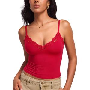 DOBREVA Women’s Lace Camisole Tops Double Lined V Neck Cami Sleeveless Fitted Sexy Going Out Y2K Tank Top(Lipstick Red)