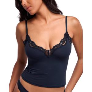 DOBREVA Women’s Lace Camisole Tops Double Lined V Neck Cami Sleeveless Fitted Sexy Going Out Y2K Tank Top(True Navy)