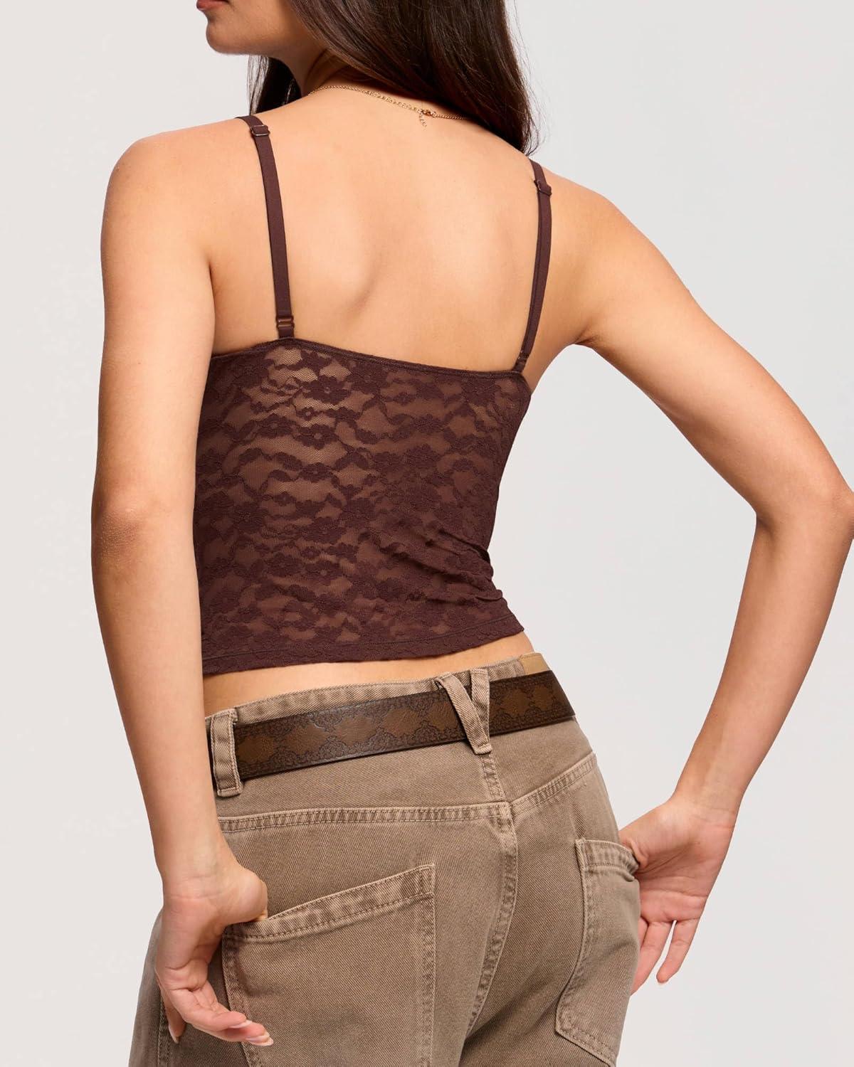 imageDOBREVA Womens Lace Camisole V Neck Tank Top Sexy Sleeveless Y2K Style Going Out OutfitsHazelnut