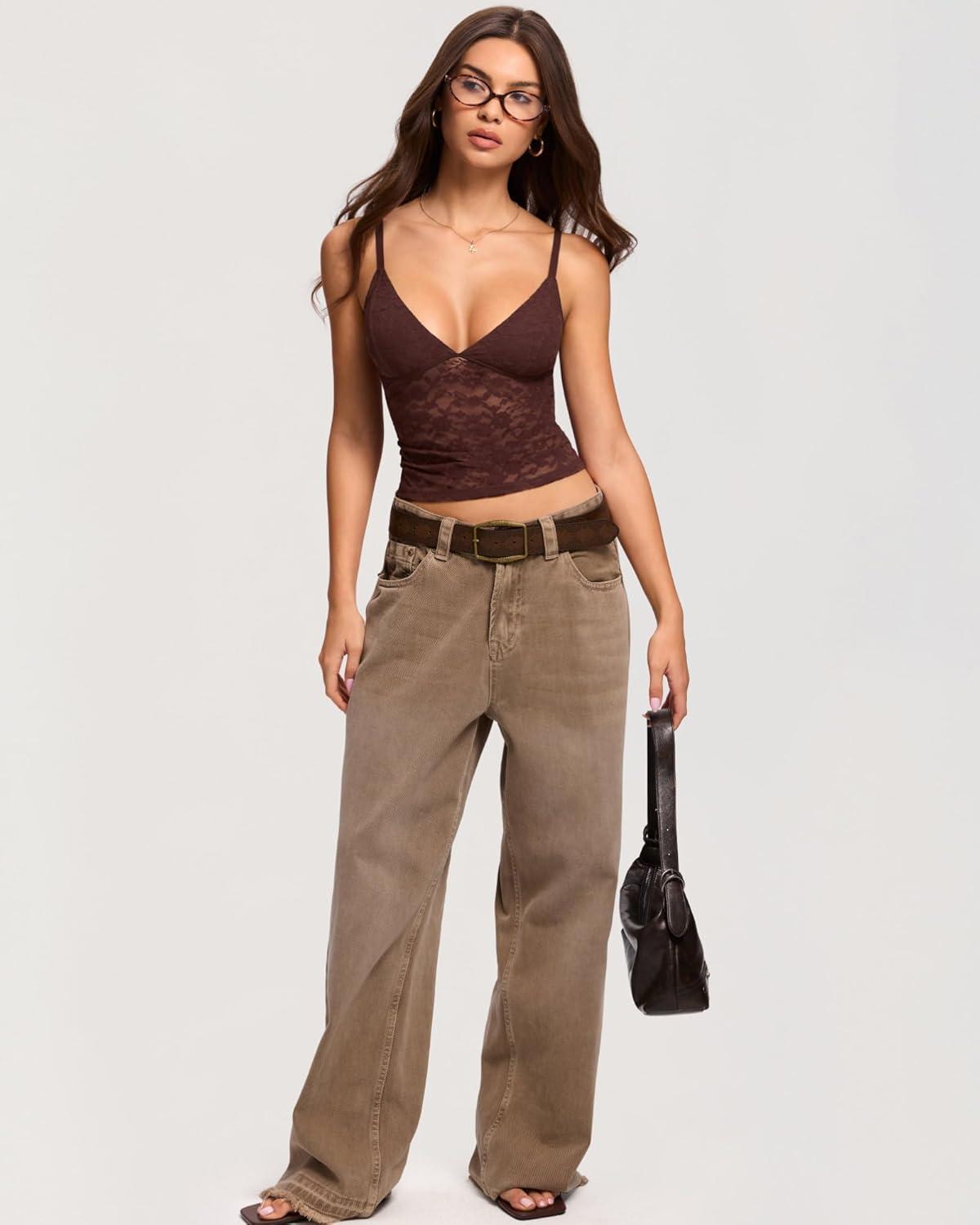 imageDOBREVA Womens Lace Camisole V Neck Tank Top Sexy Sleeveless Y2K Style Going Out OutfitsHazelnut