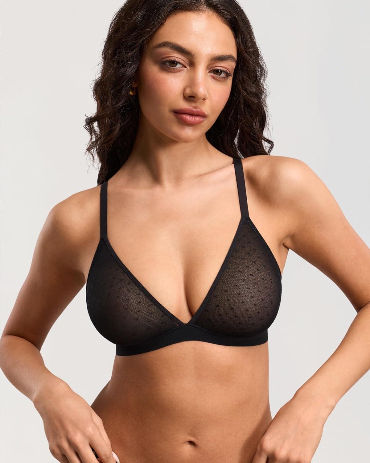 imageDOBREVA Womens Triangle Bralette Wireless Unlined Bra Sheer Mesh Plunge Seamless Bras Plus SizeBlack
