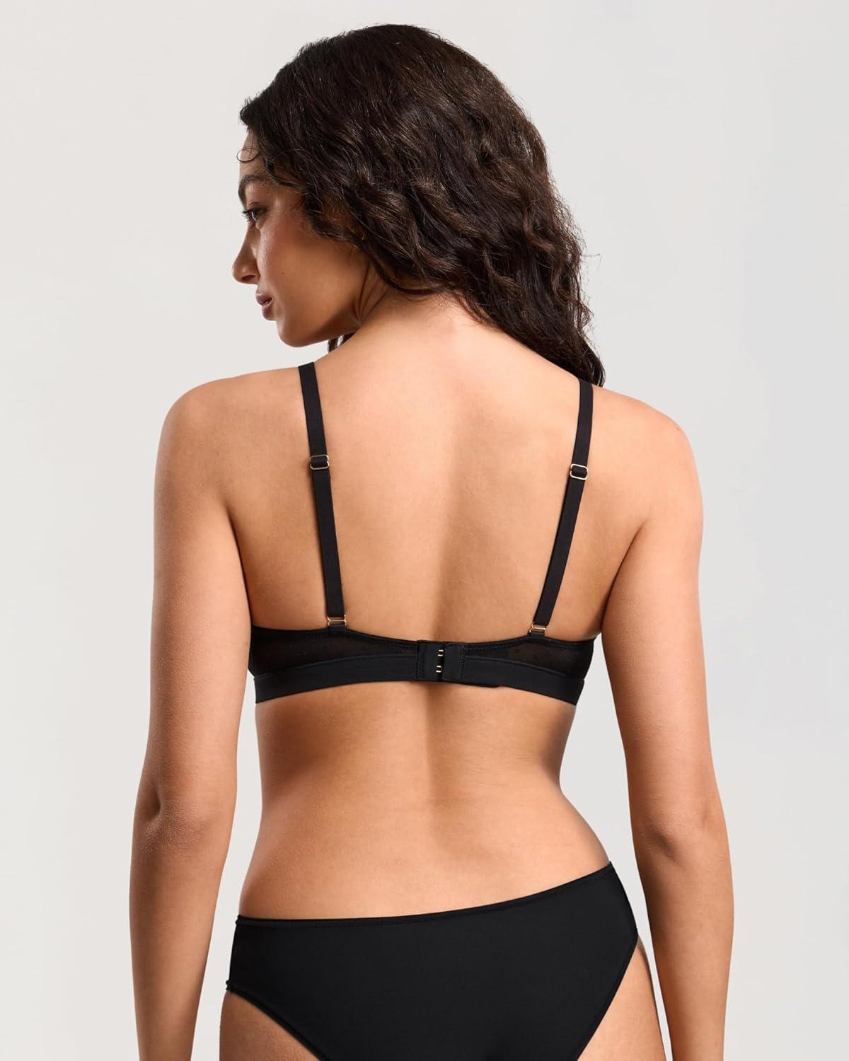 imageDOBREVA Womens Triangle Bralette Wireless Unlined Bra Sheer Mesh Plunge Seamless Bras Plus SizeBlack