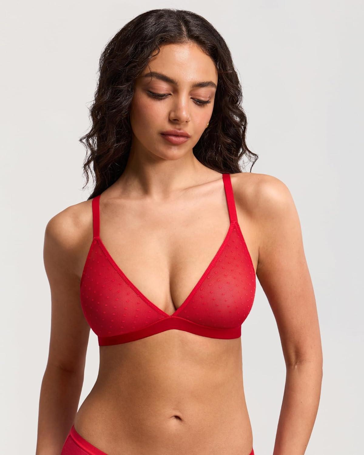 imageDOBREVA Womens Triangle Bralette Wireless Unlined Bra Sheer Mesh Plunge Seamless Bras Plus SizeLipstick Red