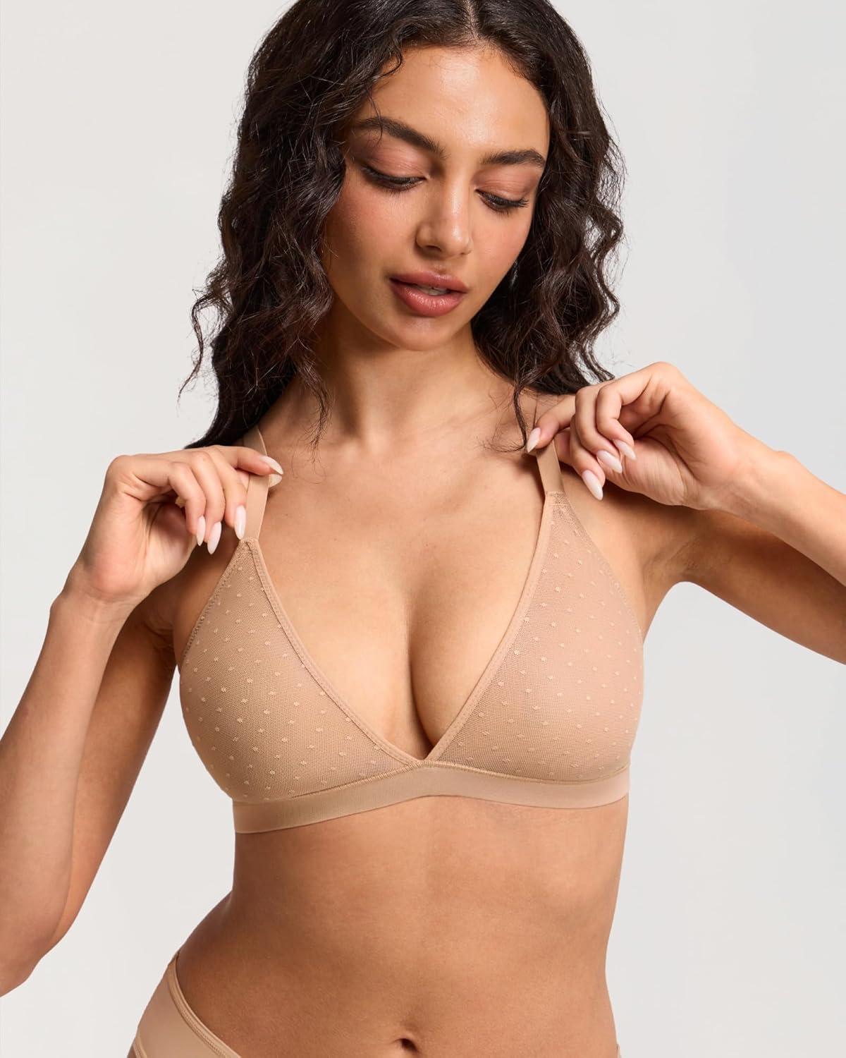 imageDOBREVA Womens Triangle Bralette Wireless Unlined Bra Sheer Mesh Plunge Seamless Bras Plus SizeNatural