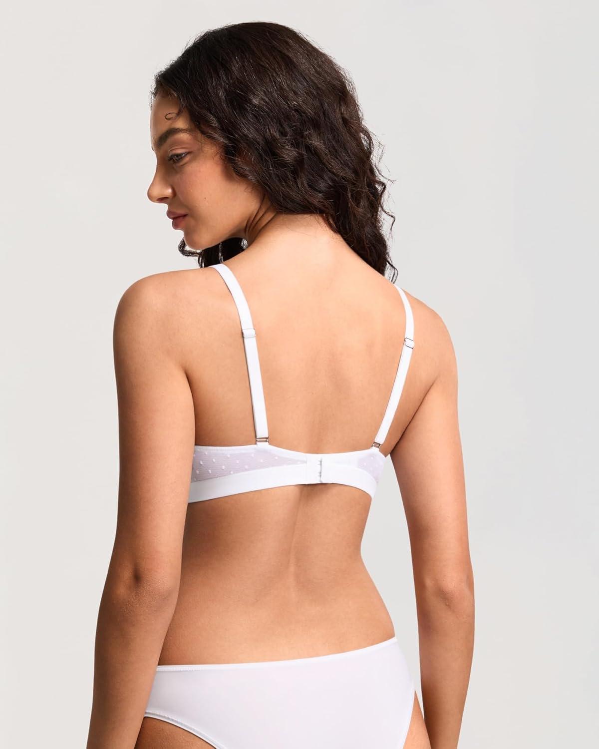 imageDOBREVA Womens Triangle Bralette Wireless Unlined Bra Sheer Mesh Plunge Seamless Bras Plus SizeWhite