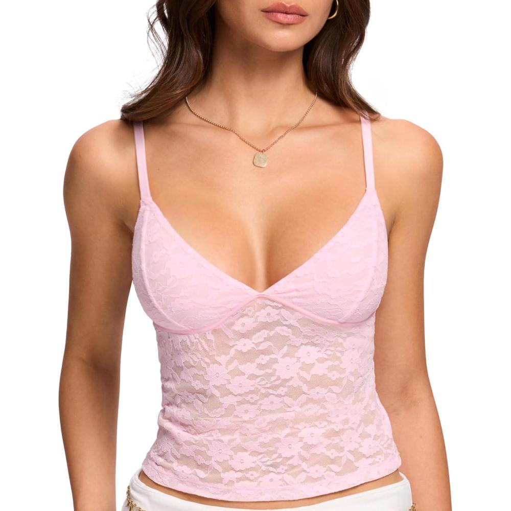 imageDOBREVA Womens Lace Camisole V Neck Tank Top Sexy Sleeveless Y2K Style Going Out OutfitsSweet Pink
