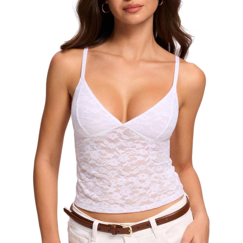 imageDOBREVA Womens Lace Camisole V Neck Tank Top Sexy Sleeveless Y2K Style Going Out OutfitsWhite