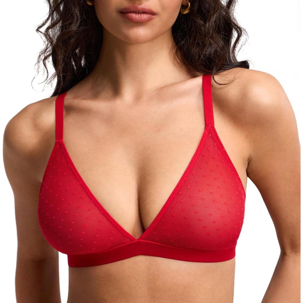 imageDOBREVA Womens Triangle Bralette Wireless Unlined Bra Sheer Mesh Plunge Seamless Bras Plus SizeLipstick Red