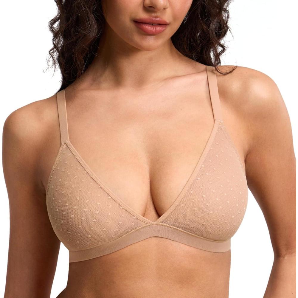 imageDOBREVA Womens Triangle Bralette Wireless Unlined Bra Sheer Mesh Plunge Seamless Bras Plus SizeNatural