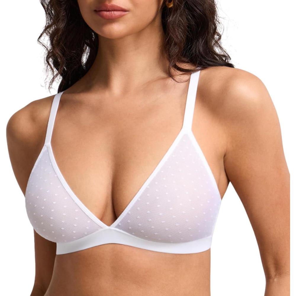 imageDOBREVA Womens Triangle Bralette Wireless Unlined Bra Sheer Mesh Plunge Seamless Bras Plus SizeWhite