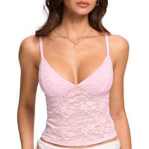 DOBREVA Women’s Lace Camisole V Neck Tank Top Sexy Sleeveless Y2K Style Going Out Outfits(Sweet Pink)