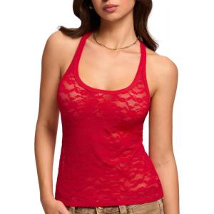 DOBREVA Women’s Lace Tank Top Racerback Sleeveless Y2K Scoop Neck Going Out Stylish Camis(Lipstick Red)