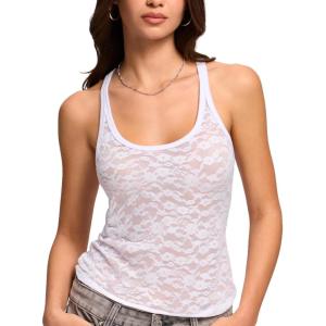 DOBREVA Women’s Lace Tank Top Racerback Sleeveless Y2K Scoop Neck Going Out Stylish Camis(White)