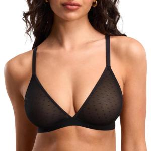 DOBREVA Women’s Triangle Bralette Wireless Unlined Bra Sheer Mesh Plunge Seamless Bras Plus Size(Black)