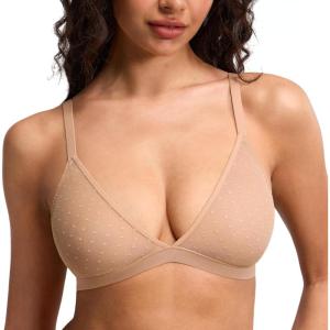 DOBREVA Women’s Triangle Bralette Wireless Unlined Bra Sheer Mesh Plunge Seamless Bras Plus Size(Natural)