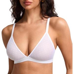 DOBREVA Women’s Triangle Bralette Wireless Unlined Bra Sheer Mesh Plunge Seamless Bras Plus Size(White)