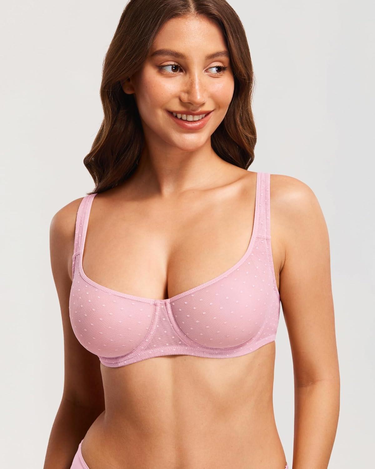 imageDOBREVA Womens Unlined Balconette Mesh Bra Square Neck Sheer See Through Underwire Bras Plus SizeSweet Pink