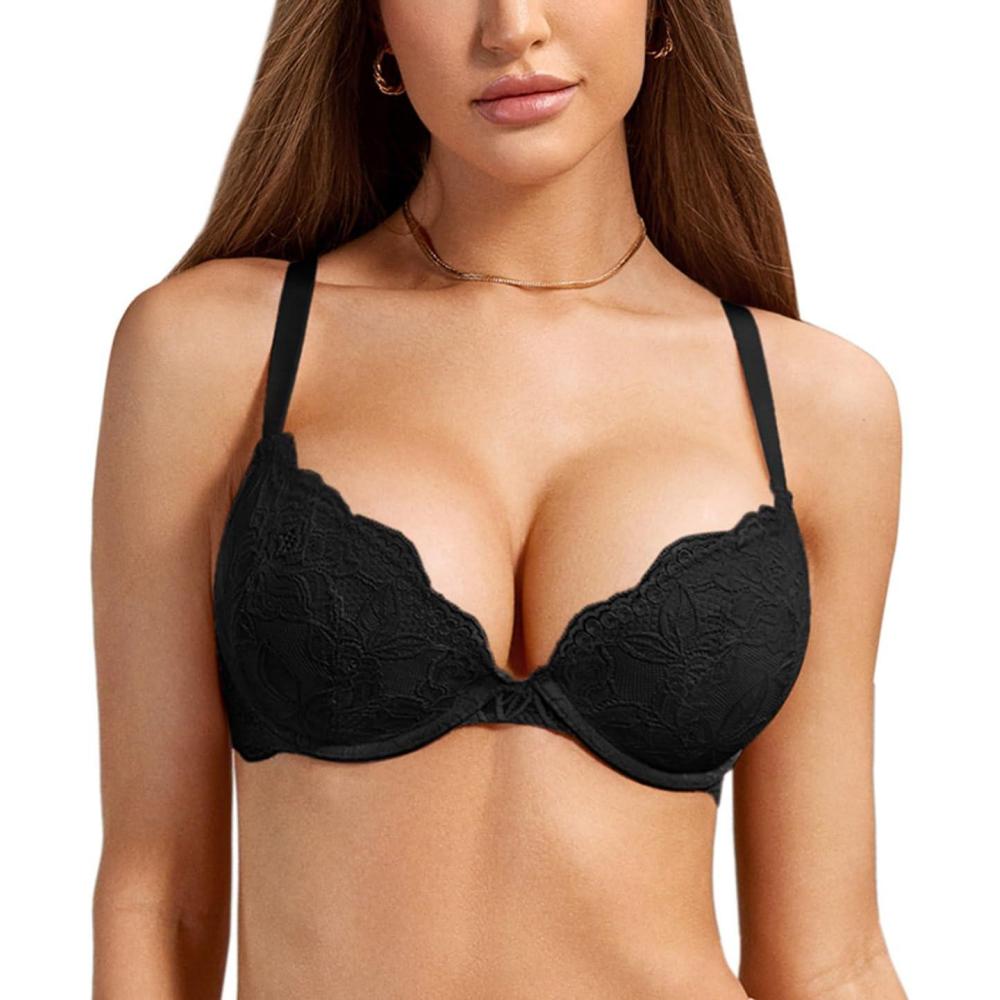 imageDOBREVA Womens Push Up Lace Bra Underwire Plunge Full Coverage Bras Sexy Plus Size SupportBlack